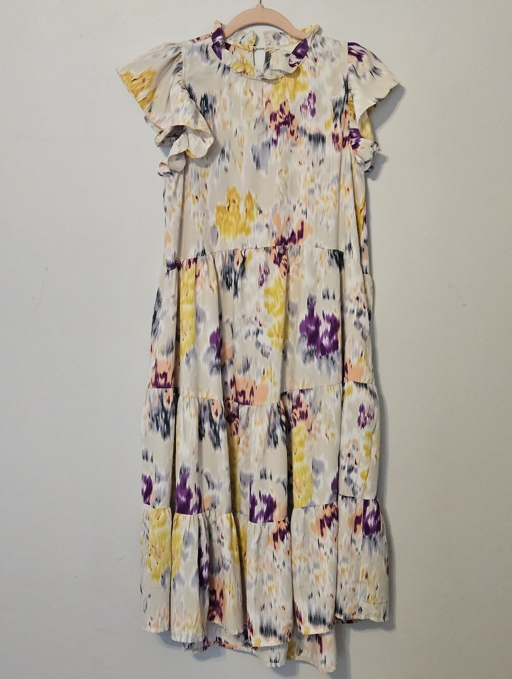 Pinch Floral Tiered Midi Dress With High Ruffle Collar And Sleeves